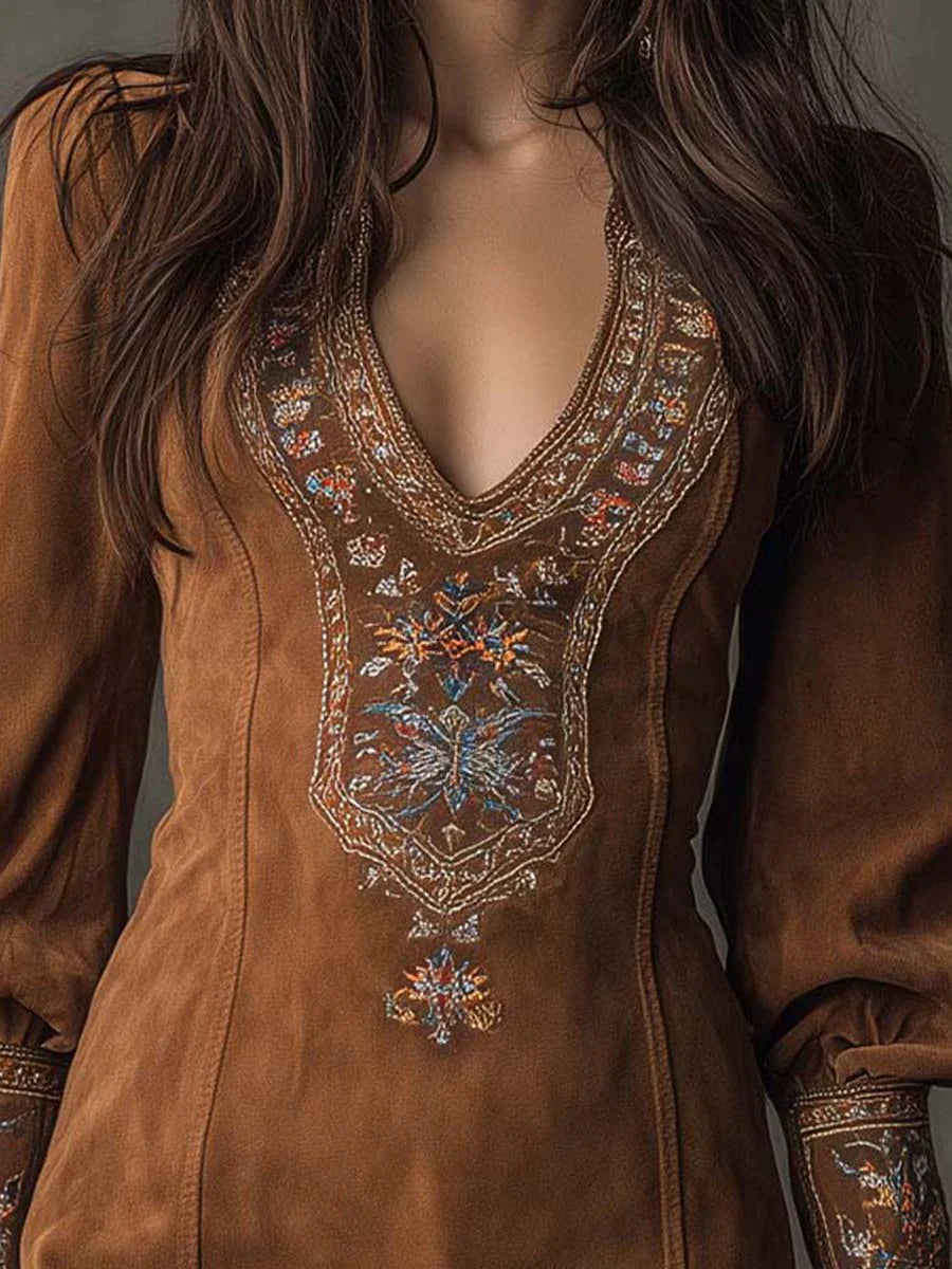 Brisa | Minivestido vintage de microgamuza con escote en V y bordado